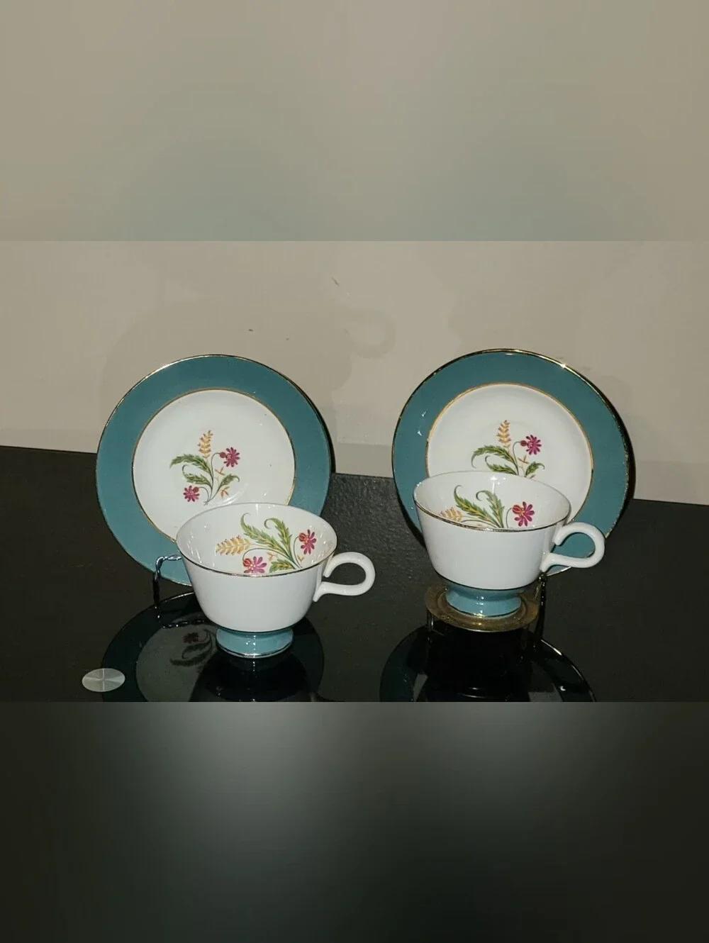 SET OF 2 HOMER LAUGHLIN EGGSHELL  White Floral Porcelain Teacups and Saucers Set